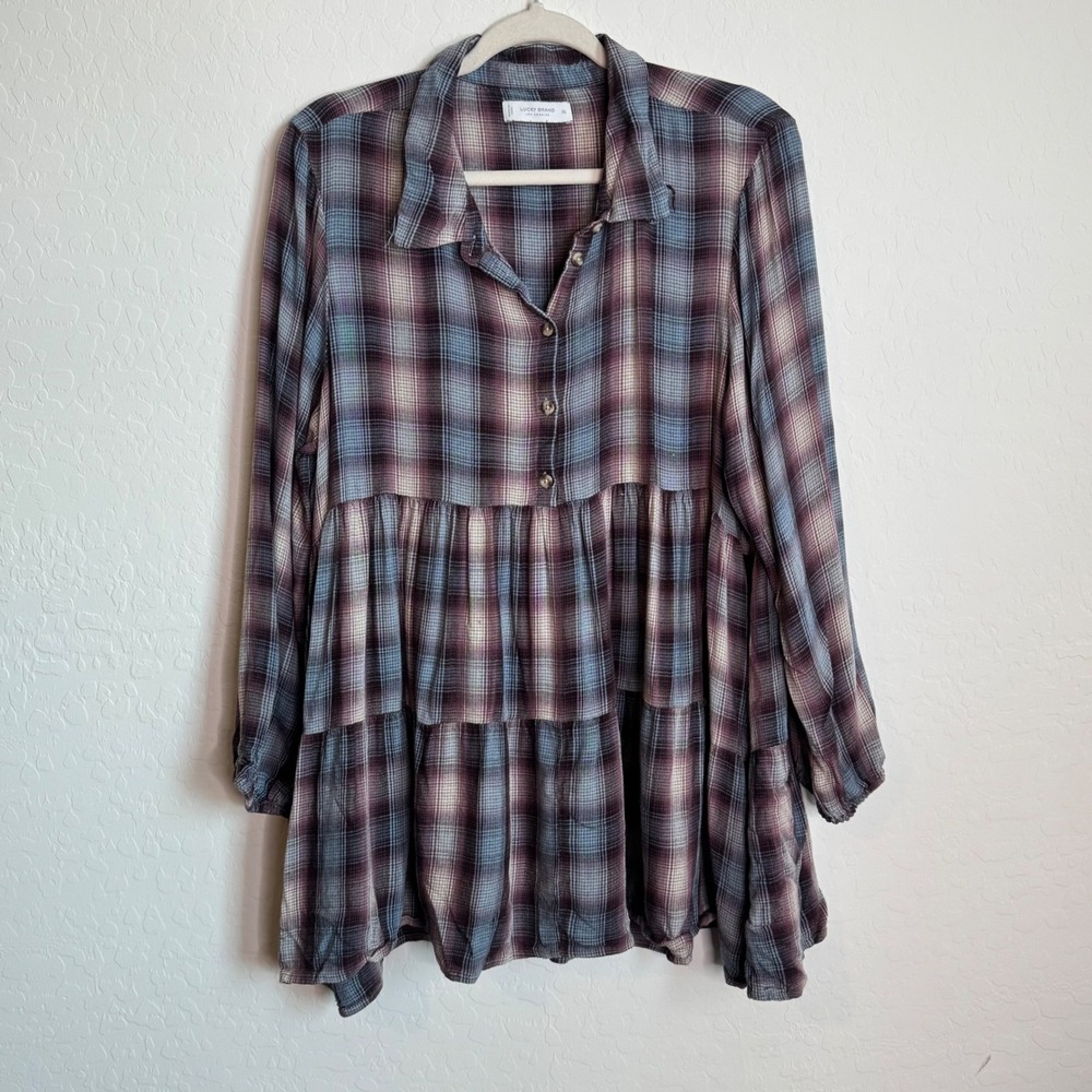 Lucky Brand Womens XL Plaid Tiered Baby Doll Tunic Top Western Boho Flowy